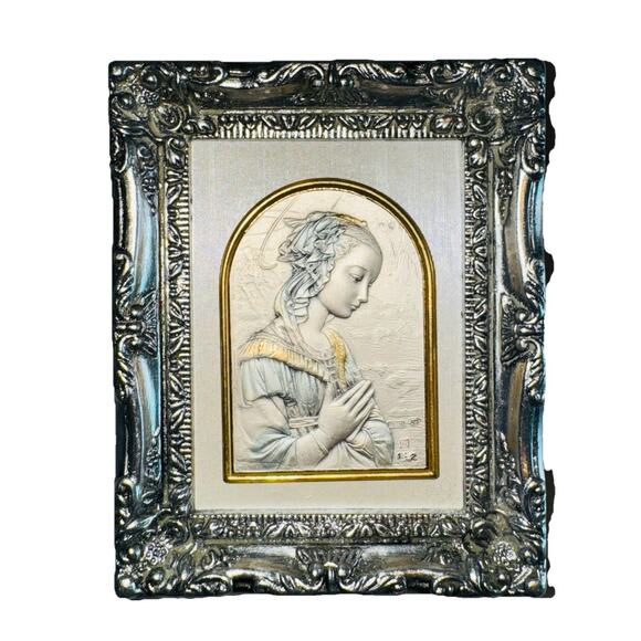 925 Silver Madonna Woman Praying Mini Plaque In Gilt Frame 4" 3D Matted Embossed - Picture 1 of 8